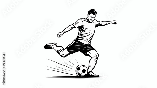 A dynamic black and white illustration depicts a soccer player in mid kick showcasing athleticism and the energy of the sport high quality professional detailed modern
