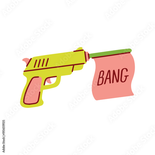 Yellow toy pistol with pink flag saying bang used for april fools day pranks and humorous holiday celebrations. Plastic weapon prop for practical jokes and funny party games