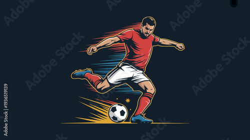 A dynamic illustration depicts a soccer player in action mid kick with a vibrant red jersey and white shorts against a dark backdrop high quality professional