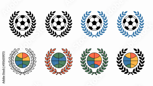 A collection of circular emblems featuring soccer balls and basketballs encircled by laurel wreaths in varying colors high quality professional detailed modern elegant stylish clean crisp