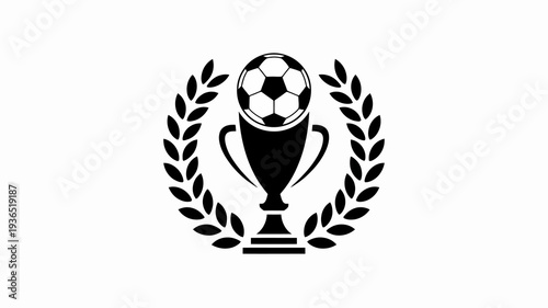 A black silhouette depicts a soccer ball positioned within a trophy encircled by laurel wreaths symbolizing victory and athletic achievement high quality professional detailed modern elegant