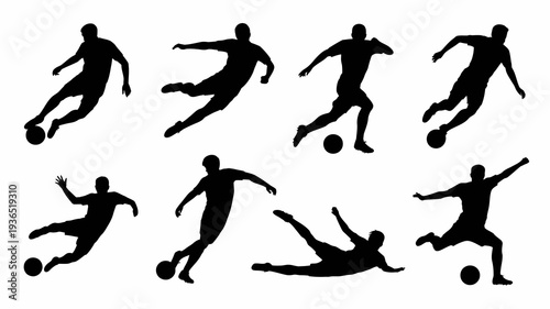 A collection of black silhouettes depicts various athletic poses primarily focused on soccer players in dynamic and expressive movements high quality professional detailed modern elegant stylish