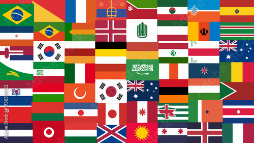 A vibrant collage displays numerous national flags from around the globe showcasing a diverse and colorful representation of countries high quality professional detailed modern elegant stylish