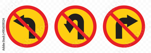 turn right prohibited road sign collection  no forward and left turn allowed  move direction forbidden  red crossed circle vector pictogram