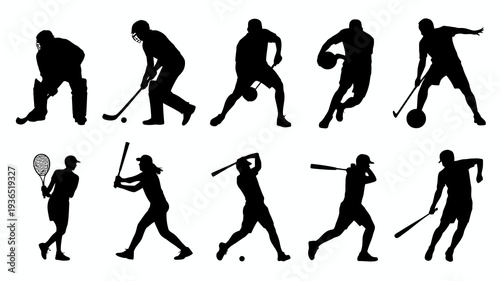 A collection of silhouetted figures depicts various athletic activities including baseball tennis golf and basketball in dynamic poses high quality professional detailed modern elegant stylish clean
