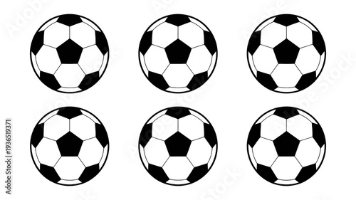 A graphic illustration displays six traditional soccer balls arranged in a grid pattern showcasing their iconic black and white pentagonal design high quality professional detailed modern