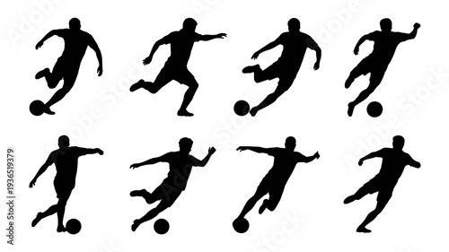 A collection of black silhouettes depicts various dynamic poses of people playing soccer showcasing athleticism and movement high quality professional detailed modern elegant stylish clean crisp