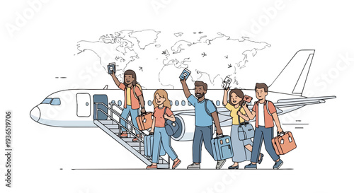 Flat 2D illustration of diverse travelers walking down airplane stairs with luggage, set against a world map background, conveying a sense of travel and adventure.