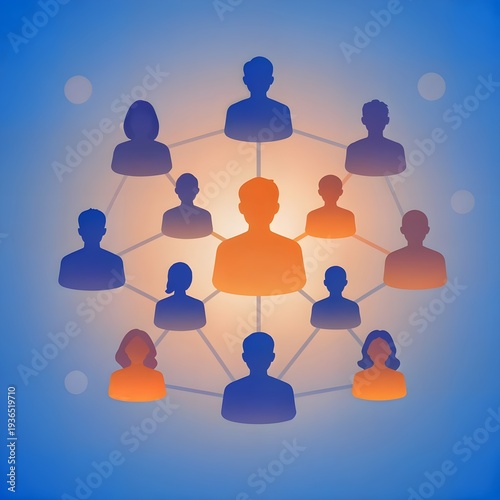 Global Business Network Concept: Human Resources Connection, Team Collaboration, and Social Media Community Interface on Blue Background