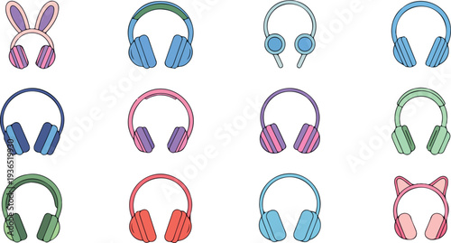 Colorful headphones and wireless earphones vector set with cute cat ear gaming headset and modern music audio accessories illustration