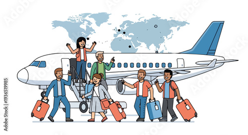 Flat 2D illustration of diverse travelers with luggage boarding a plane against a world map background, concept for global travel and adventure.