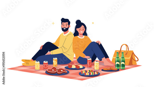 Young man and woman sitting back to back on a red picnic blanket with plenty of delicious food and drinks spread around them.
