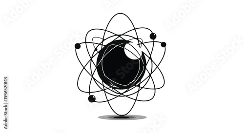 Abstract atom structure with a central eye, symbolizing vision and discovery in science.
