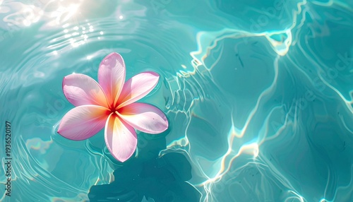Tranquil plumeria flower floats on turquoise water. Summer vibes