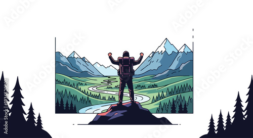 Flat 2D illustration of a person standing on a rock with arms raised in a scenic mountain landscape, representing a travel concept