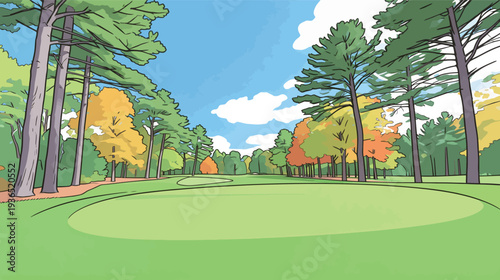 A golf course view shows a wide green expanse with trees featuring bright autumn leaves under a blue sky with clouds.