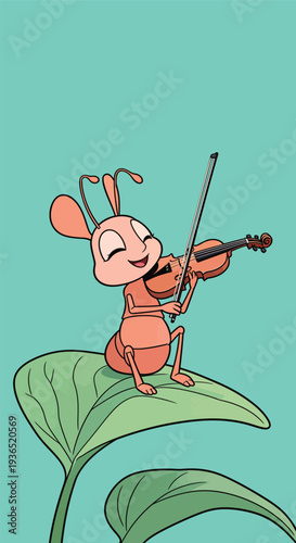 An ant plays a violin while sitting on a green leaf in a clear background during the day.
