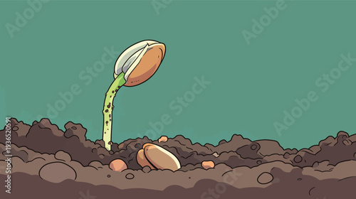 A seed begins to grow above the soil with a small green shoot and a seed shell nearby. This shows the start of new plant life.