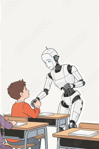 A robot interacts with a child at a desk while other students are in their seats during class time.