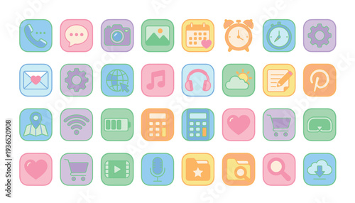 Collection of colorful square icons representing various digital functions and social media platforms.