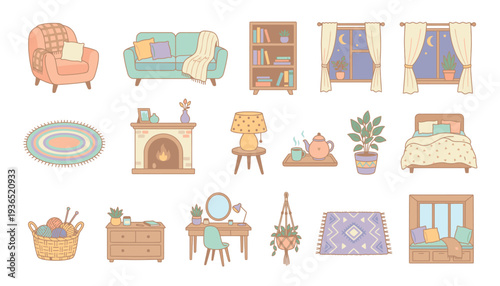 Assorted Cartoon Home Decor and Furniture Elements.