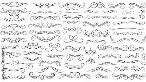 Comprehensive collection of elegant black decorative flourish dividers and ornamental line elements for classic invitation and menu designs.