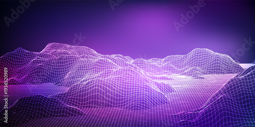 Futuristic Digital Topographic Scenery with Abstract Purple Wire Mesh Grid in Retro Cyberpunk Style in 3D Virtual Space for Data Technology Design and Innovation Background