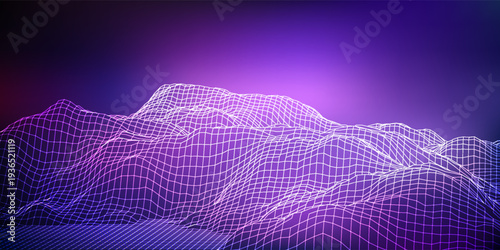 Futuristic Digital Topographic Scenery with Abstract Purple Wire Mesh Grid in Retro Cyberpunk Style in 3D Virtual Space for Data Technology Design and Innovation Background