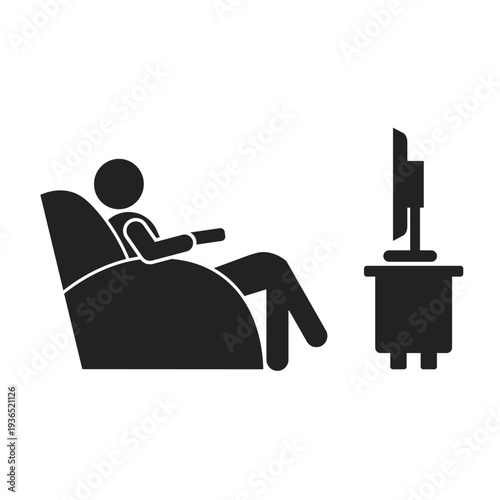 Isolated illustration of stick figure silhouette relaxing on sofa and watching television for daily activities icon at home.