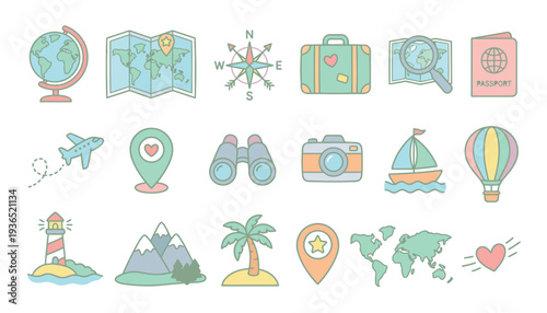 Collection of Travel and Adventure Icons in Minimalist Style.