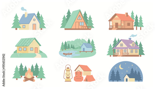 Collection of colorful cartoon houses and nature elements.