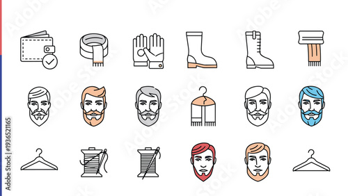 Comprehensive set of mens grooming and winter fashion icons including beards hairstyles boots and scarves in a clean flat line style.