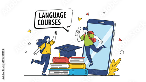 Interactive language courses education concept with a boy emerging from a smartphone and a girl studying books on a white background.