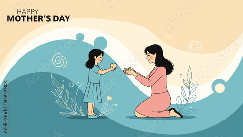 Heartwarming happy mothers day scene of a young girl giving a paper heart to her kneeling mother on a decorative abstract teal background.