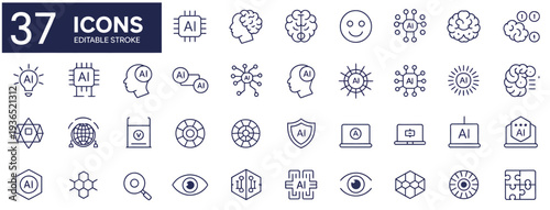Collection of 37 editable stroke icons representing artificial intelligence and technology concepts.