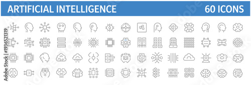 Artificial Intelligence icons set with 60 editable stroke symbols for technology, data, and innovation.
