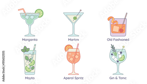 Assorted cocktail illustrations with names on white background.
