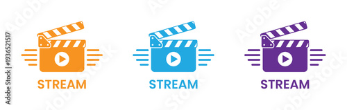 Video Film Or Record Media Play Symbol Clapper Board Editing Process And Motion Picture Content Creation Vector Illustration. Colorful clapper board icons for film and streaming services. 