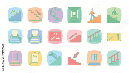 Colorful icons representing various staircases and exit signs.