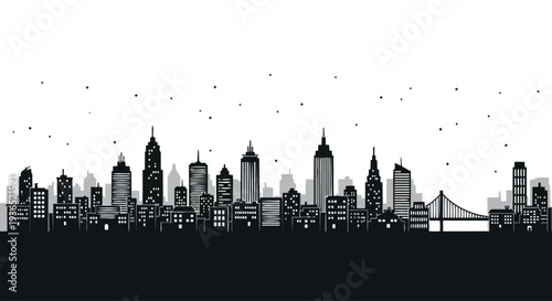 Flat 2D illustration of a city skyline silhouette at night with seamless integration into a white background
