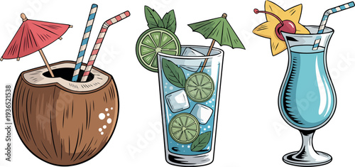 Colorful tropical beverage vector collection featuring coconut drinks citrus cocktails umbrellas and straws for summer party design