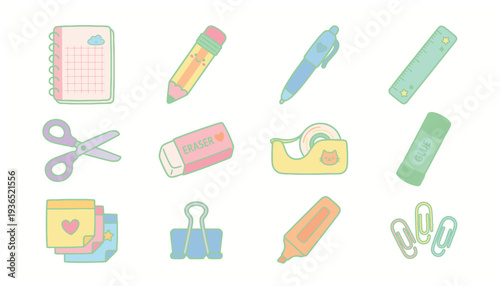 Colorful Stationery and Office Supplies Set.