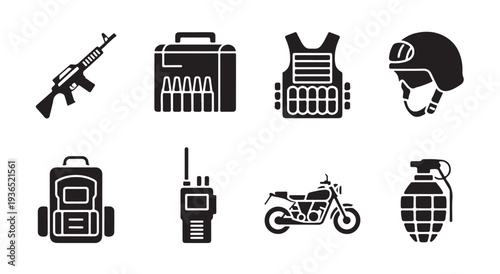 Military equipment and combat gear icons collection with tactical weapons and armored vest symbols