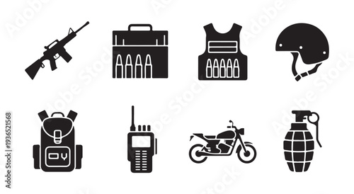 Tactical army equipment icons set with assault rifle and ballistic protection gear silhouette signs