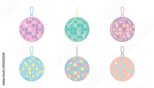 Six colorful Christmas ornaments with different patterns and pastel colors.
