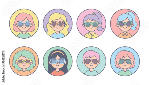 Collection of cartoon female faces with sunglasses in circular frames.