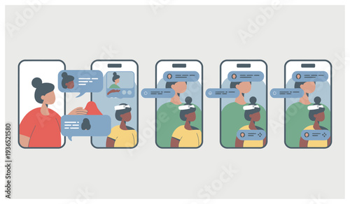 Illustration of people communicating on mobile phones with speech bubbles.