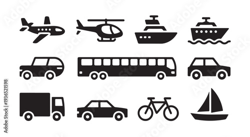 Transport vehicle icons collection featuring car bus truck bicycle airplane helicopter and boats