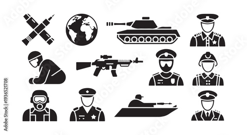 Military and security icons with missiles globe tank rifle soldiers and officers illustration