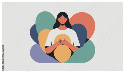 Woman surrounded by colorful abstract shapes in minimalist illustration.